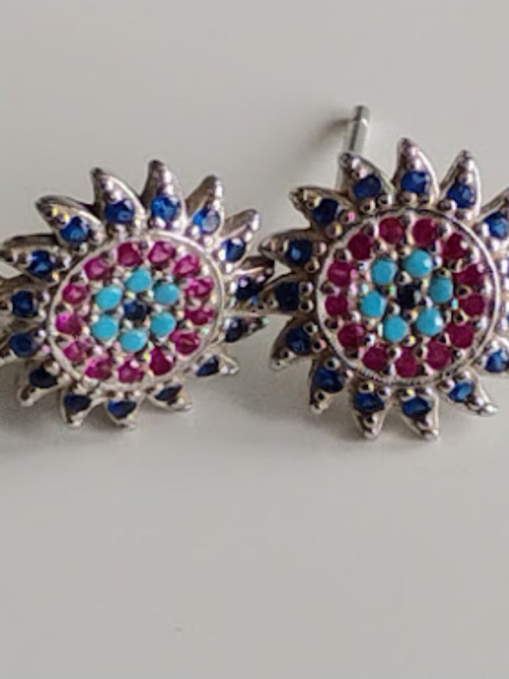 Silver 925 Sunburst Stud Earrings with Pink, Blue and Turquoise Stones